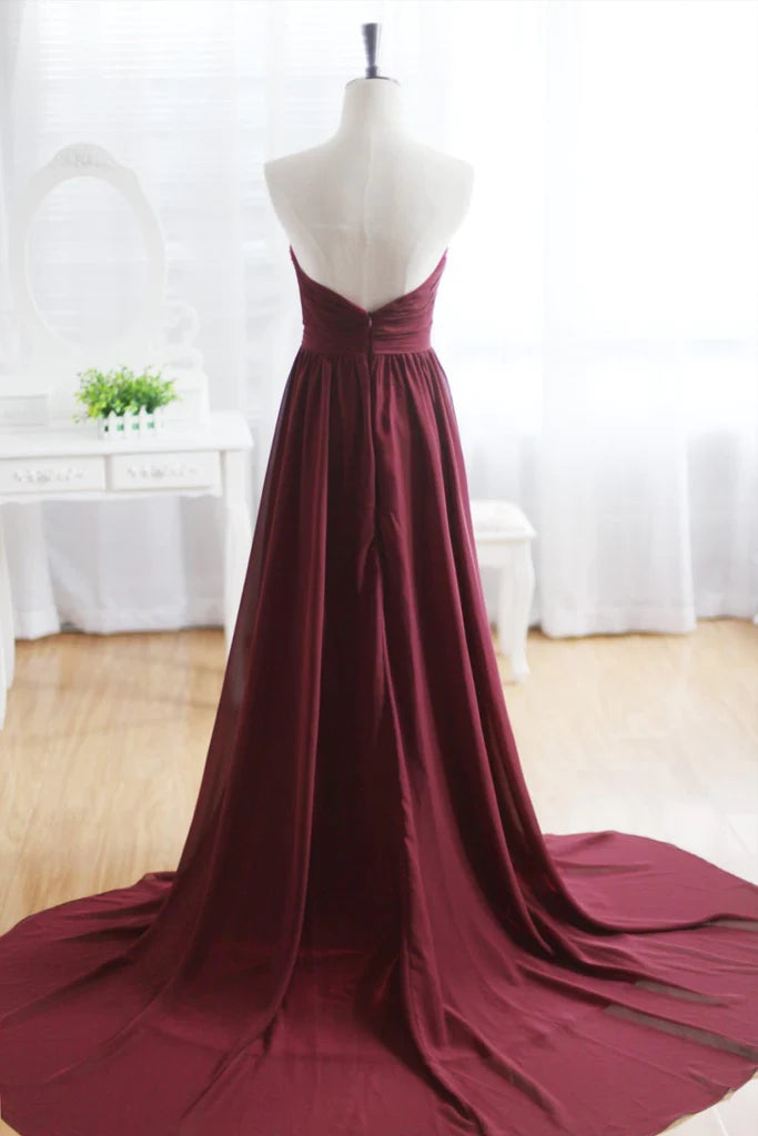 Wine Red Burgundy Chiffon Bridesmaid Dress Prom Dress Strapless Beaded Dress