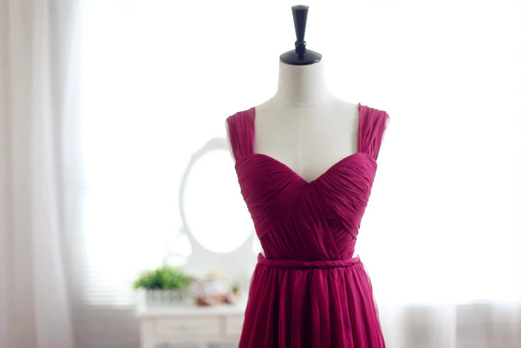 Wine Red Burgundy Chiffon See Through Back Bridesmaid Dress Prom Dress