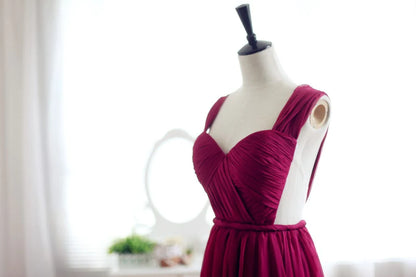 Wine Red Burgundy Chiffon See Through Back Bridesmaid Dress Prom Dress