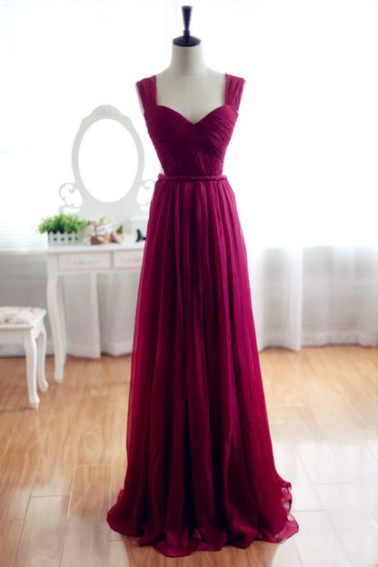 Wine Red Burgundy Chiffon See Through Back Bridesmaid Dress Prom Dress