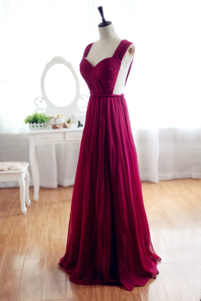 Wine Red Burgundy Chiffon See Through Back Bridesmaid Dress Prom Dress