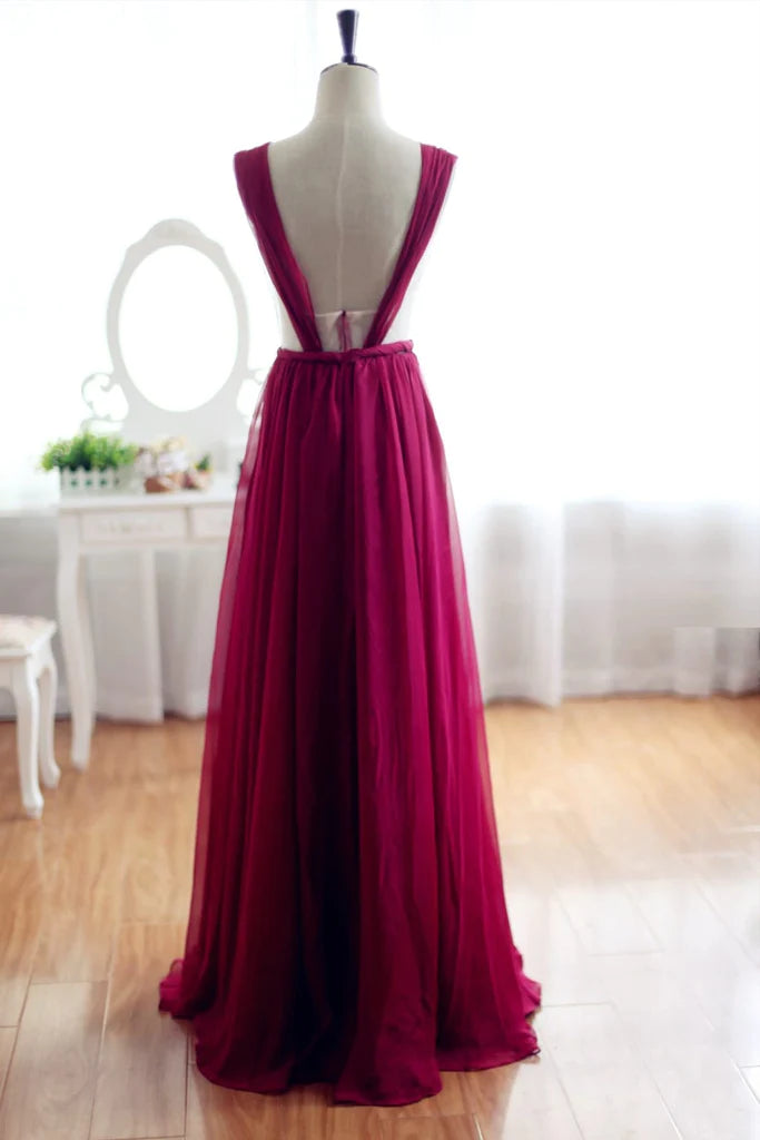 Wine Red Burgundy Chiffon See Through Back Bridesmaid Dress Prom Dress