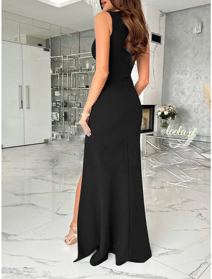 Women‘s Prom Dress Wedding Guest Party Dress Homecoming Dress Sheath Dress Long Dress Maxi Dress Black Red Green Sleeveless Pure Color Backless Summer Spring V Neck Party Evening