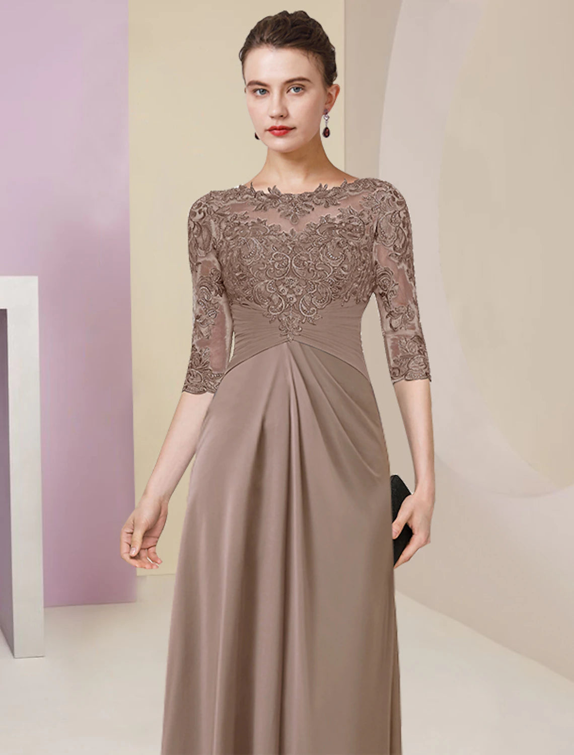 Sheath / Column Mother of the Bride Dress Simple Elegant Jewel Neck Floor Length Chiffon Lace Half Sleeve with Pleats Solid Color