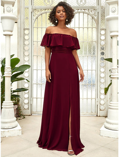 A-Line Bridesmaid Dress Off Shoulder Sleeveless Elegant Floor Length Chiffon with Ruffles / Draping / Solid Color