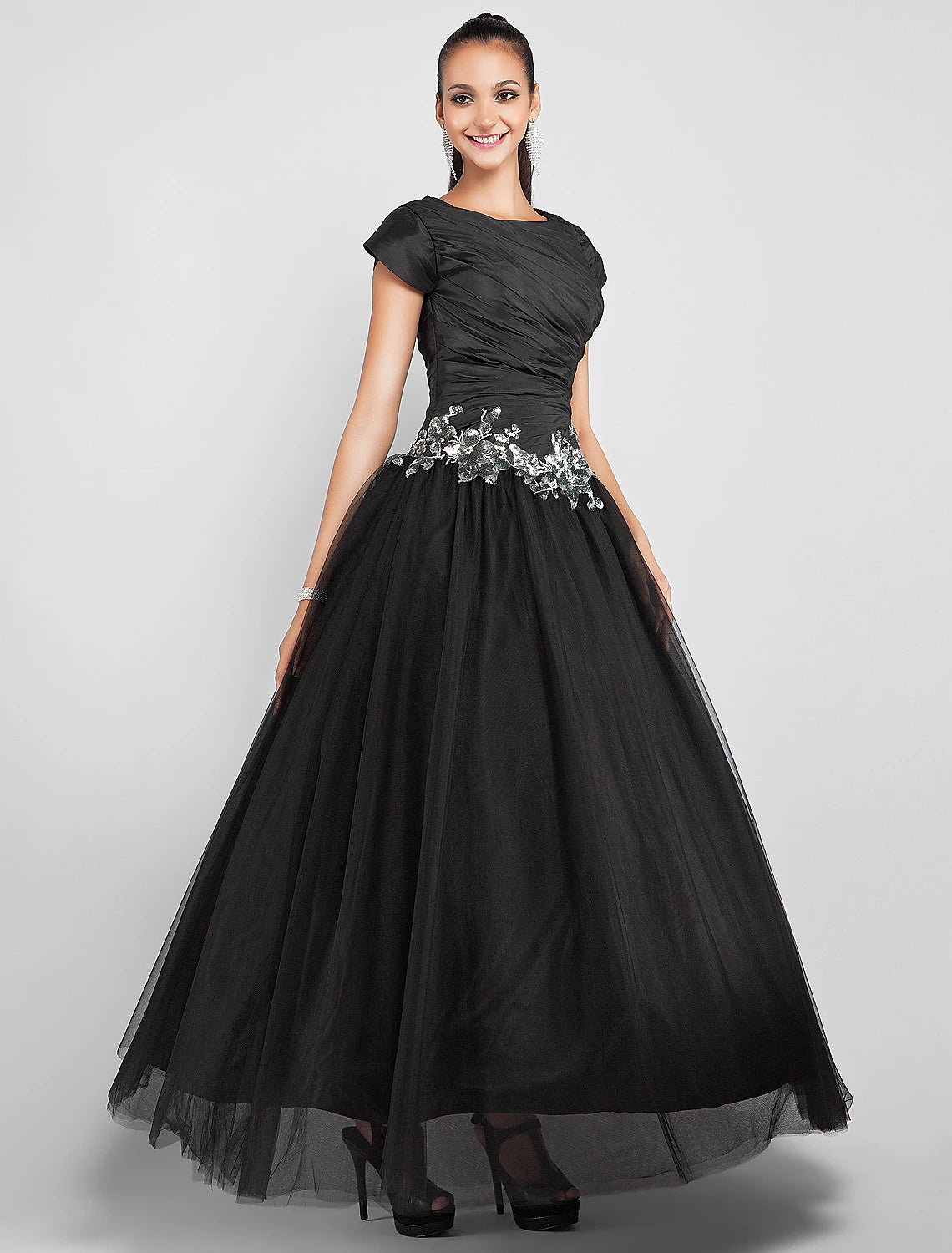 Ball Gown Little Black Dress Dress Prom Formal Evening Ankle Length Short Sleeve Jewel Neck Taffeta with Appliques Side Draping