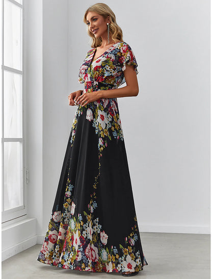 A-Line Evening Gown Floral Dress Birthday Floor Length Short Sleeve V Neck Chiffon with Pattern / Print