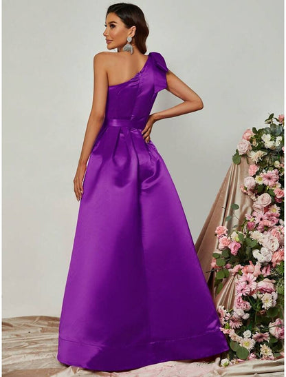 A-Line Evening Gown Party Dress Formal Fall Floor Length Sleeveless One Shoulder Satin with Pleats Slit Strappy