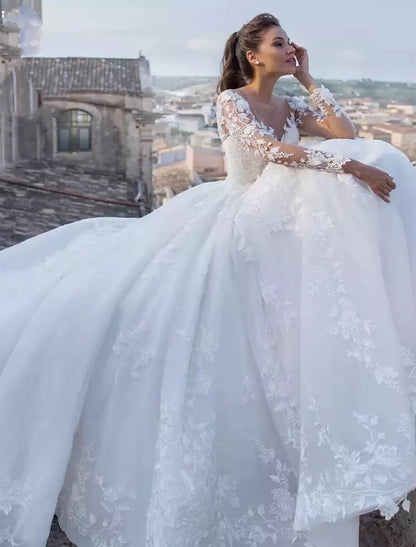 Engagement Sexy Fall Formal Wedding Dresses Ball Gown V Neck Long Sleeve Chapel Train Lace Bridal Gowns With Appliques 2023 Summer Wedding Party