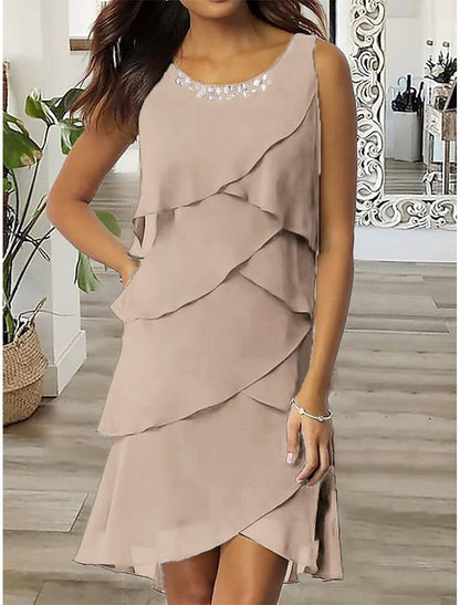 Wedding Guest Party Dress Chiffon Dress Semi Formal Dress Fashion Midi Dress Ruffle Layered Crew Neck Sleeveless Plain Loose Fit Dark Blue Summer Spring