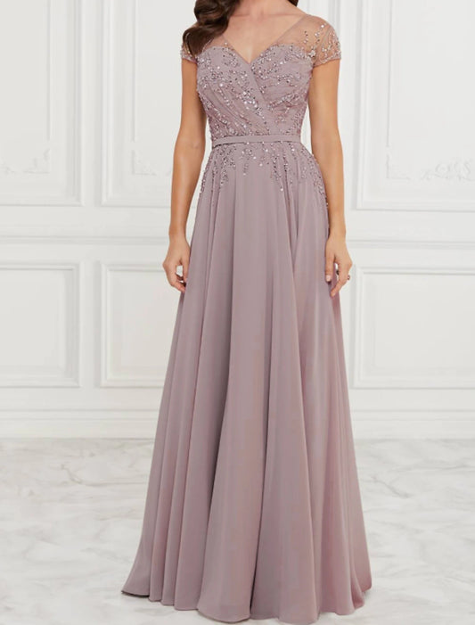 A-Line Mother of the Bride Dress Elegant V Neck Floor Length Chiffon Lace Sleeveless with Pleats Sequin