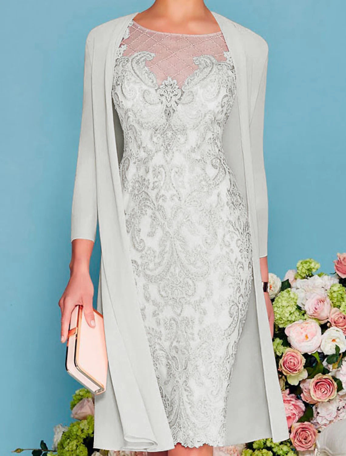 Two Piece Sheath / Column Mother of the Bride Dress Formal Wedding Guest Church Elegant Jewel Neck Knee Length Chiffon Lace 3/4 Length Sleeve Wrap Included Jacket Dresses with Beading Appliques