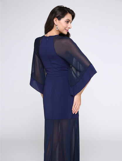 Sheath / Column See Through Dress Prom Formal Evening Floor Length Half Sleeve Jewel Neck Chiffon with Pleats