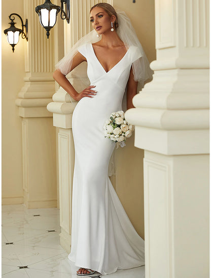 Reception Casual Wedding Dresses Mermaid / Trumpet V Neck Cap Sleeve Sweep / Brush Train Stretch Fabric Bridal Gowns With Draping Solid Color Summer Wedding Party