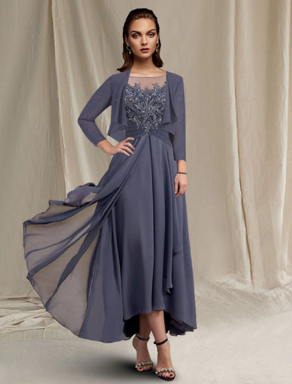 Two Piece A-Line Mother of the Bride Dress Elegant High Low Jewel Neck Asymmetrical Tea Length Chiffon Lace 3/4 Length Sleeve Wrap Included with Sequin Appliques