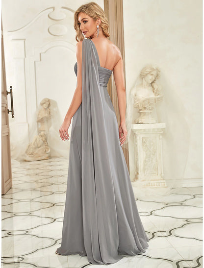 A-Line Evening Gown Empire Dress Formal Evening Floor Length Sleeveless One Shoulder Bridesmaid Dress Chiffon Backless with Pleats Draping