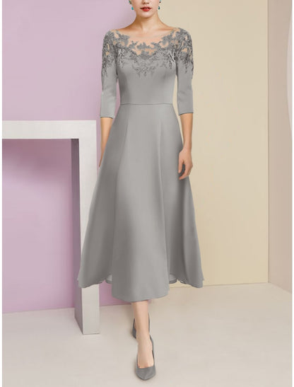 A-Line Mother of the Bride Dress Wedding Guest Elegant Scoop Neck Tea Length Stretch Chiffon Half Sleeve with Lace Ruching Solid Color