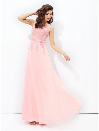 A-Line Prom Dresses Sparkle & Shine Dress Formal Wedding Guest Floor Length Sleeveless Jewel Neck Chiffon with Appliques