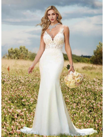 Engagement Open Back Sexy Formal Wedding Dresses Mermaid / Trumpet V Neck Sleeveless Court Train Lace Bridal Gowns With Appliques 2023 Summer Wedding Party