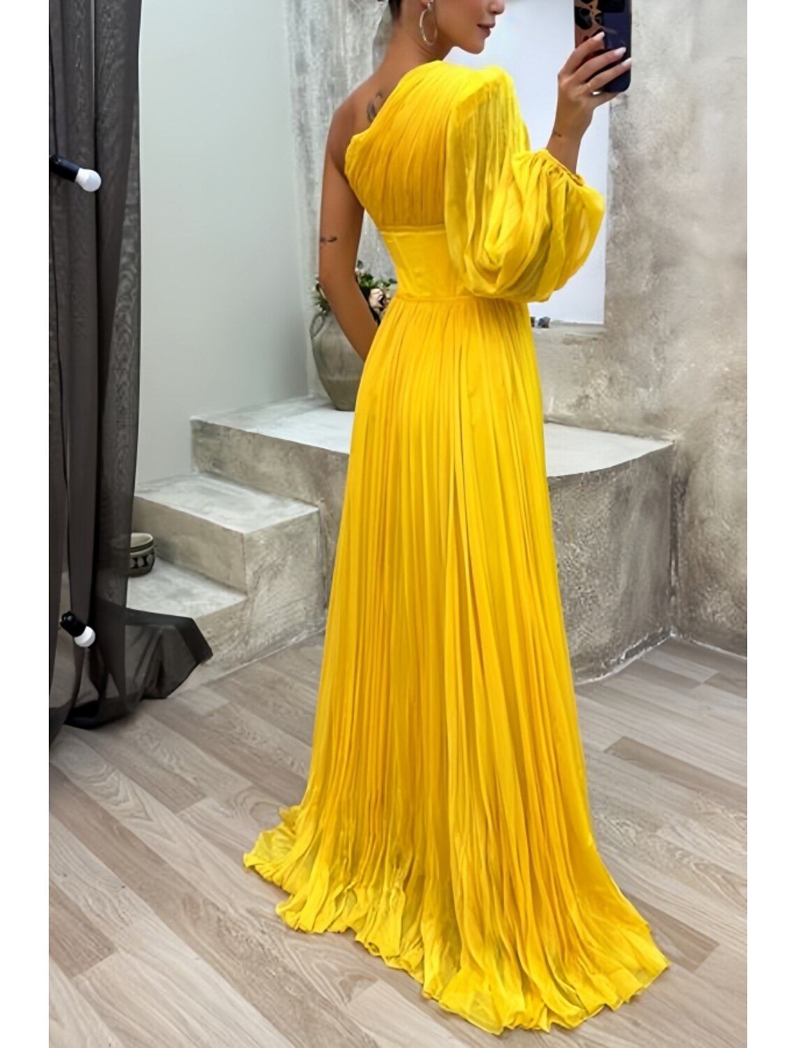 A-Line Evening Gown High Split Dress Formal Fall Sweep / Brush Train Long Sleeve One Shoulder Chiffon with Pleats Slit