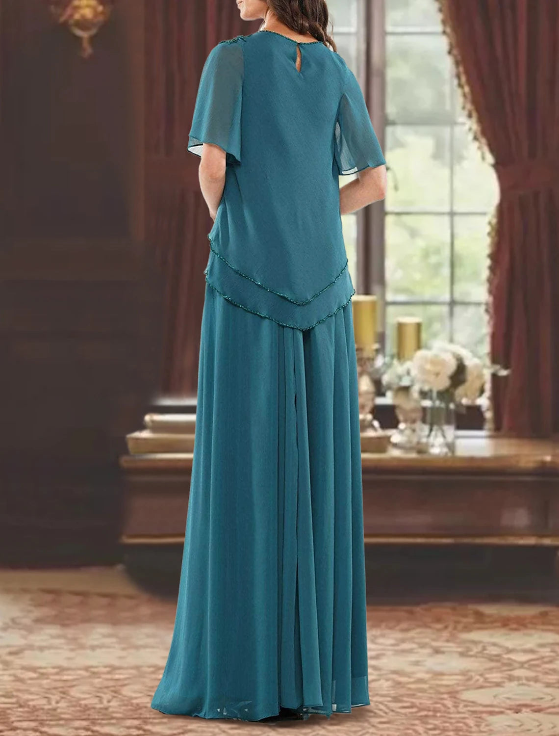 A-Line Mother of the Bride Dress Formal Wedding Guest Elegant Jewel Neck Floor Length Chiffon Short Sleeve with Pleats Beading