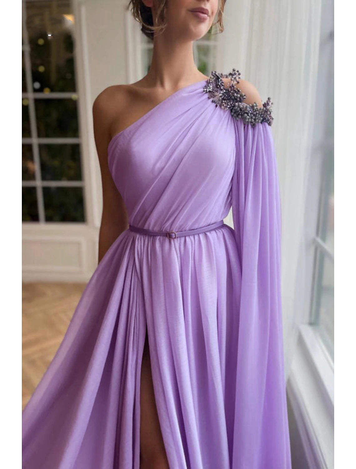 A-Line Evening Gown Elegant Dress Formal Wedding Guest Sweep / Brush Train Sleeveless One Shoulder Capes Chiffon with Slit Shawl