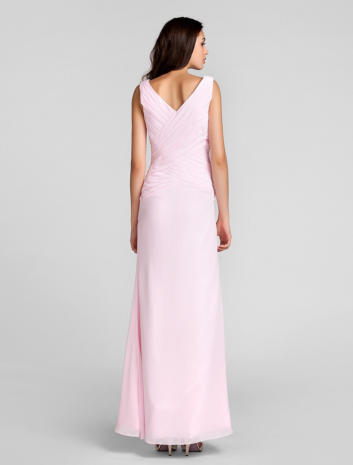 Sheath / Column Bridesmaid Dress V Neck Sleeveless Floor Length Chiffon with Criss Cross