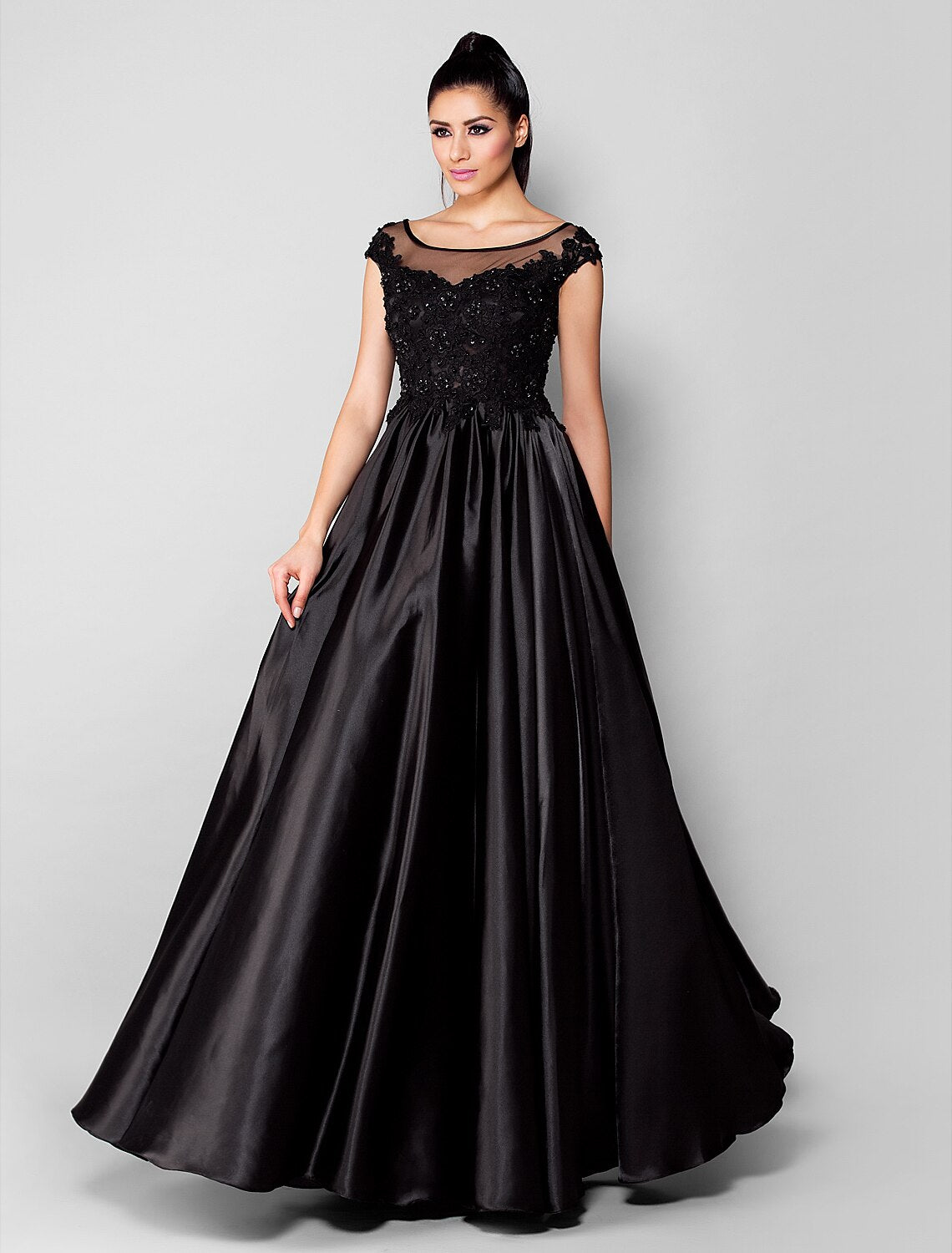 Ball Gown Minimalist Formal Evening Dress Illusion Neck Short Sleeve Floor Length Stretch Satin with Beading Appliques