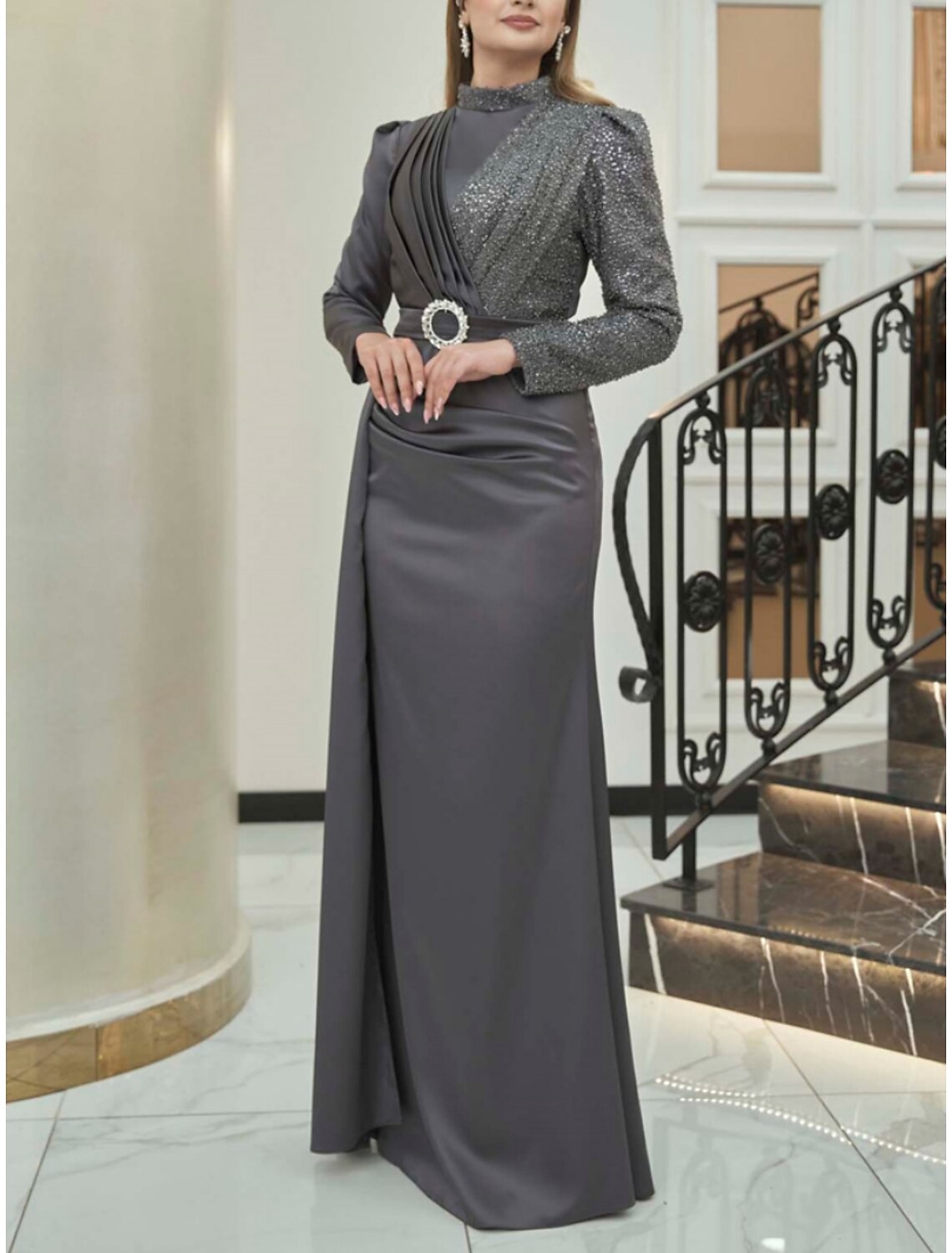A-Line Evening Gown Sparkle & Shine Dress Formal Christmas Floor Length Long Sleeve High Neck Satin with Glitter Ruched