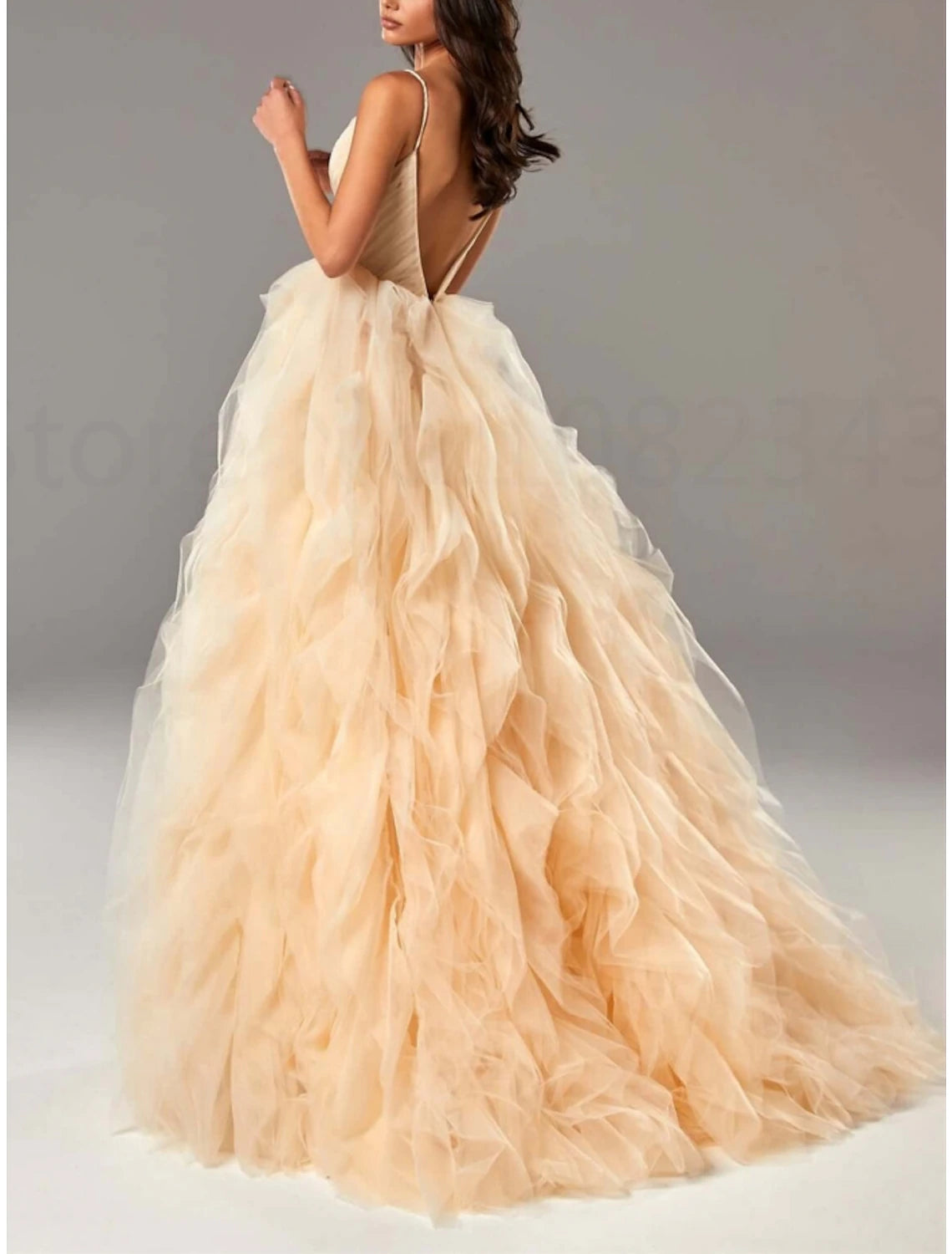 A-Line Prom Dresses Elegant Dress Formal Floor Length Sleeveless Spaghetti Strap Tulle with Pleats Ruffles