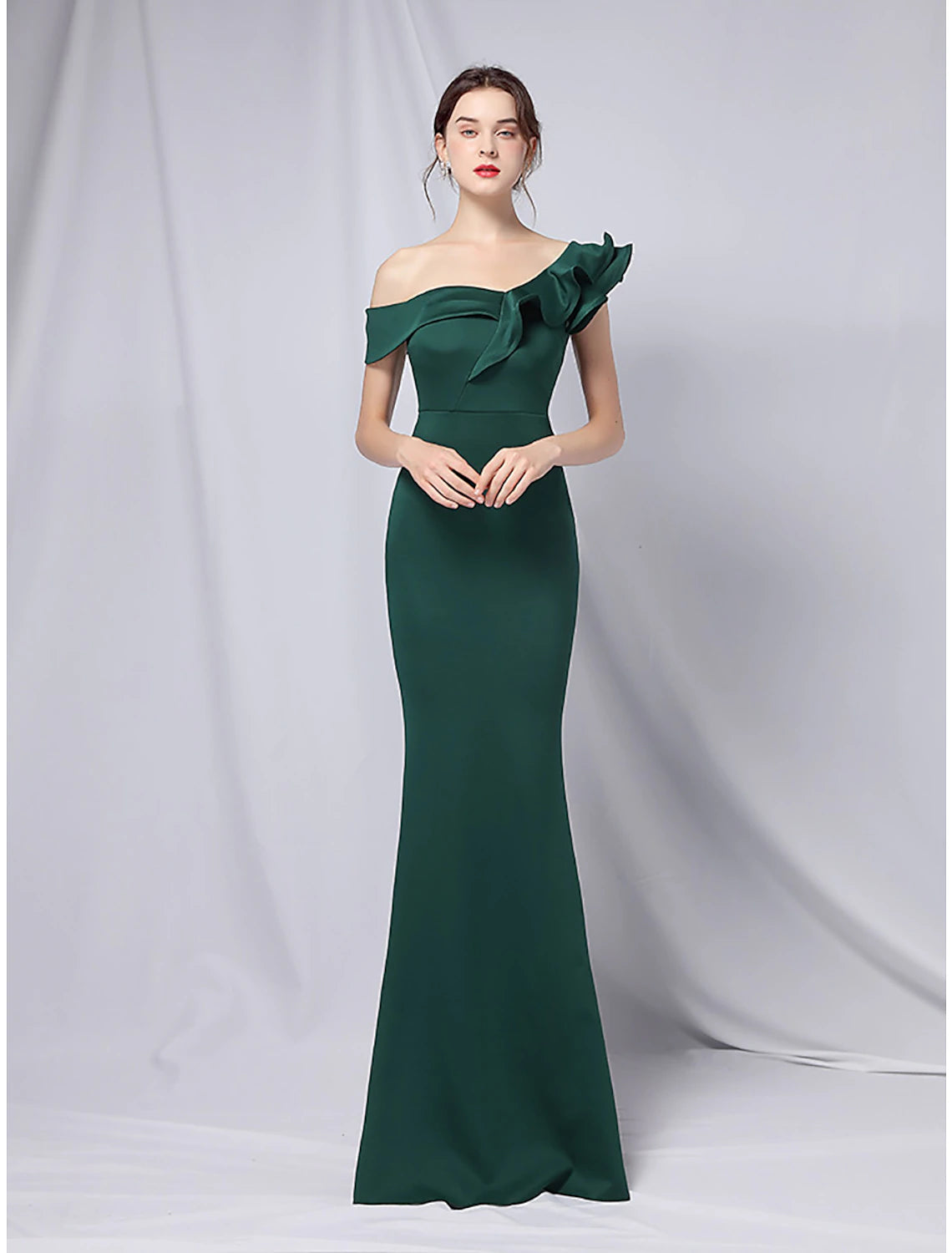 Mermaid / Trumpet Evening Gown Empire Dress Wedding Guest Formal Evening Floor Length Short Sleeve One Shoulder Stretch Satin with Ruffles