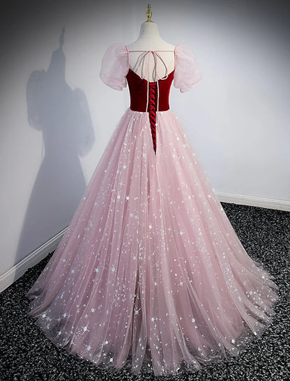 A-Line Prom Dresses Princess Dress Prom Valentine's Day Floor Length Short Sleeve Sweetheart Tulle with Sequin