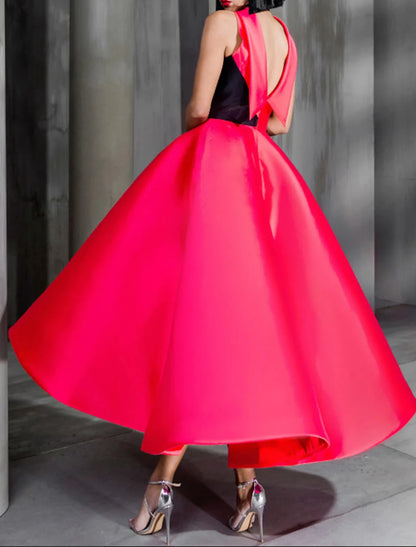 Ball Gown Color Block Celebrity Style Elegant Prom Formal Evening Birthday Dress Red Green Dress High Neck Sleeveless Ankle Length Satin with Bow(s)