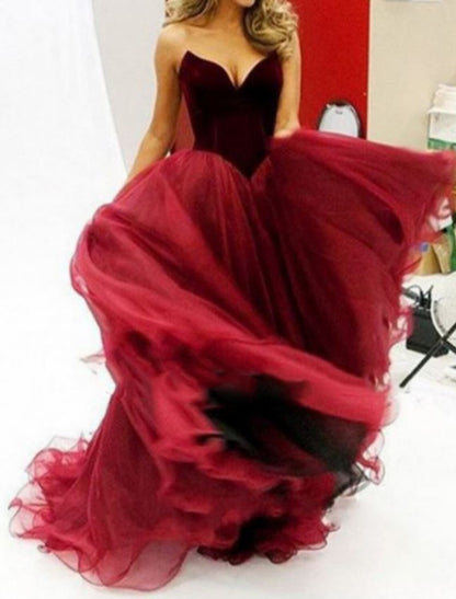 A-Line Celebrity Style Elegant Prom Formal Evening Birthday Dress V Neck Sleeveless Floor Length Velvet with Pleats