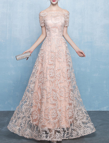 A-Line Minimalist Elegant Prom Formal Evening Dress Off Shoulder Short Sleeve Floor Length Tulle with Pleats