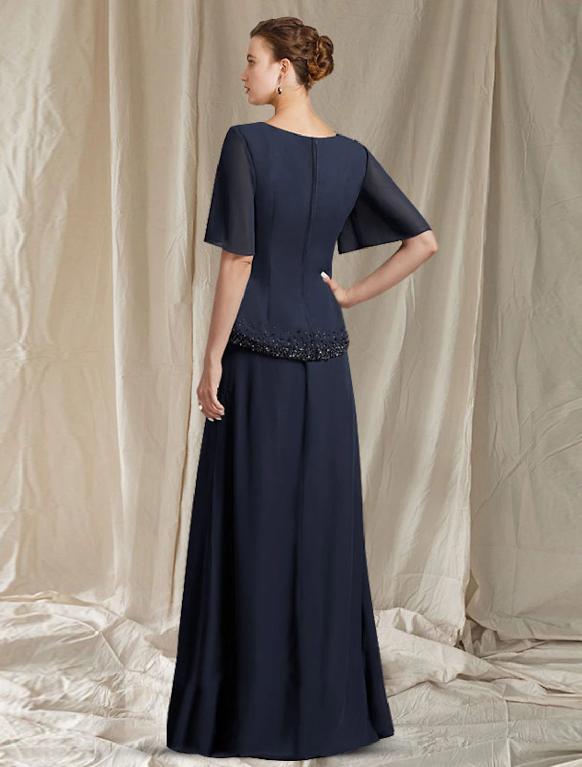 A-Line Mother of the Bride Dress Elegant Jewel Neck Floor Length Chiffon Short Sleeve with Crystals