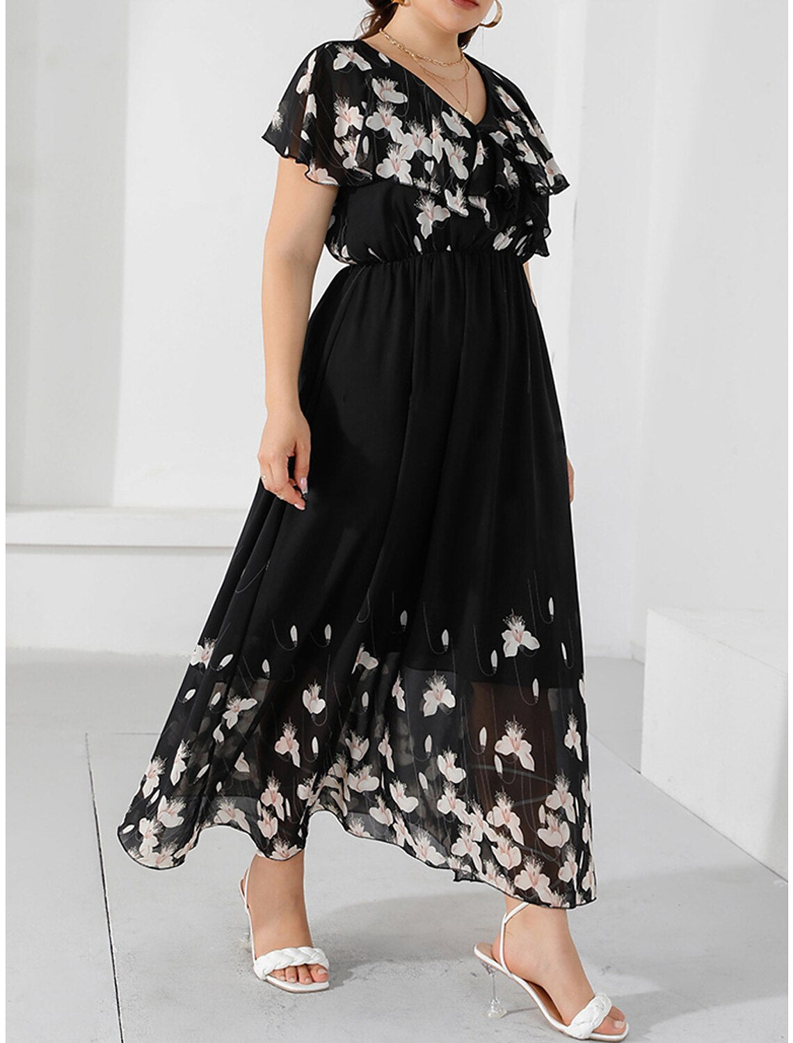 Women's Plus Size Prom Dress Party Dress Wedding Guest Dress Long Dress Maxi Dress Black Short Sleeve Floral Print Summer Spring Fall V Neck Elegant Wedding Guest Birthday Evening Party