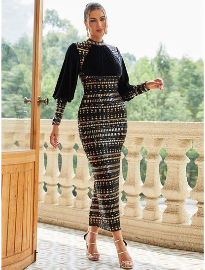 Sheath / Column Evening Gown Elegant Dress Formal Fall Ankle Length Long Sleeve High Neck Stretch Fabric with Sequin