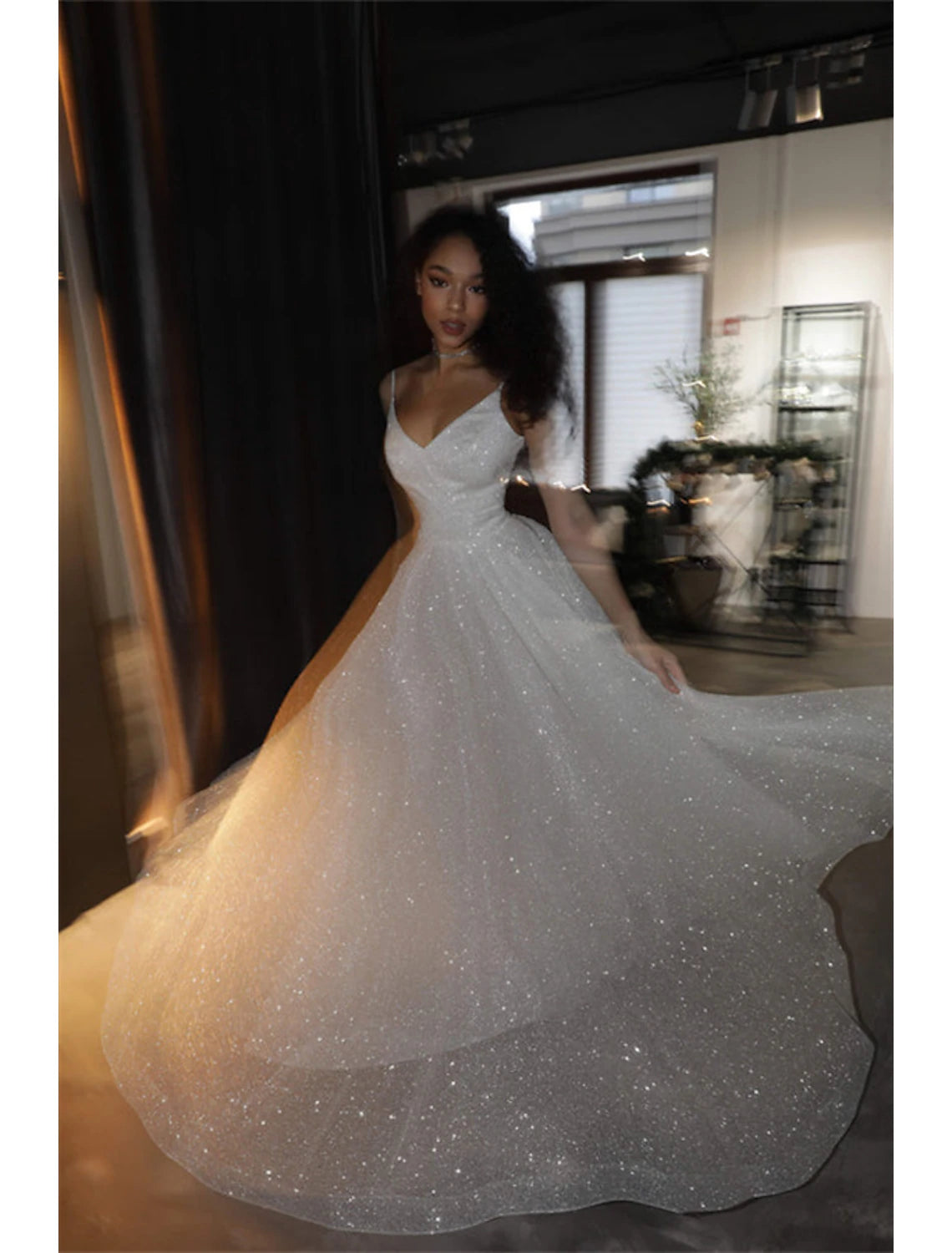 Hall Sparkle & Shine Casual Wedding Dresses A-Line Camisole V Neck Spaghetti Strap Sweep / Brush Train Sequined Bridal Gowns With Solid Color Summer Fall Wedding Party