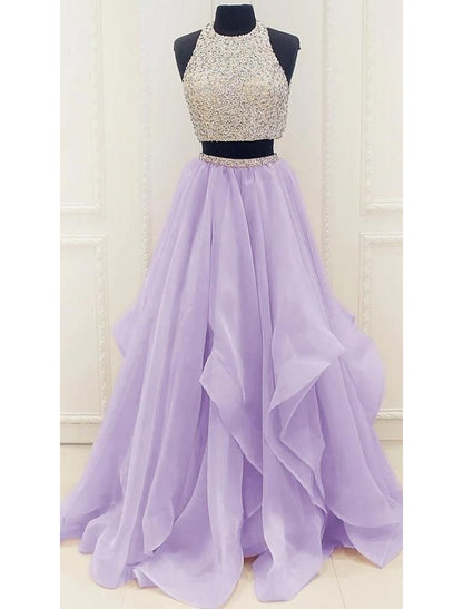 Two Piece Ball Gown Prom Dresses Sparkle & Shine Dress Party Wear Prom Floor Length Sleeveless Halter Neck Organza with Sequin
