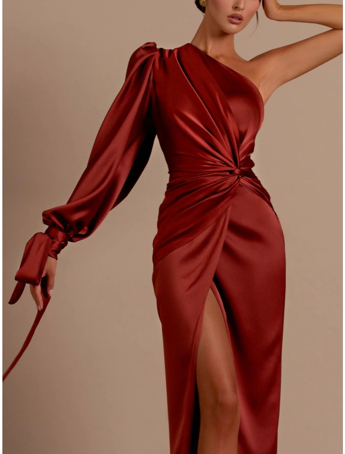 A-Line Evening Gown Elegant Dress Formal Sweep / Brush Christmas Red Green Dress Train Long Sleeve One Shoulder Satin with Feather Ruched Strappy