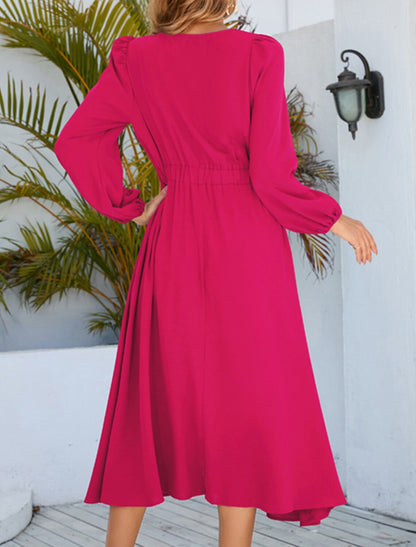 A-Line Cocktail Dresses Party Dress Wedding Guest Cocktail Party Tea Length Long Sleeve Jewel Neck Spandex with Ruched