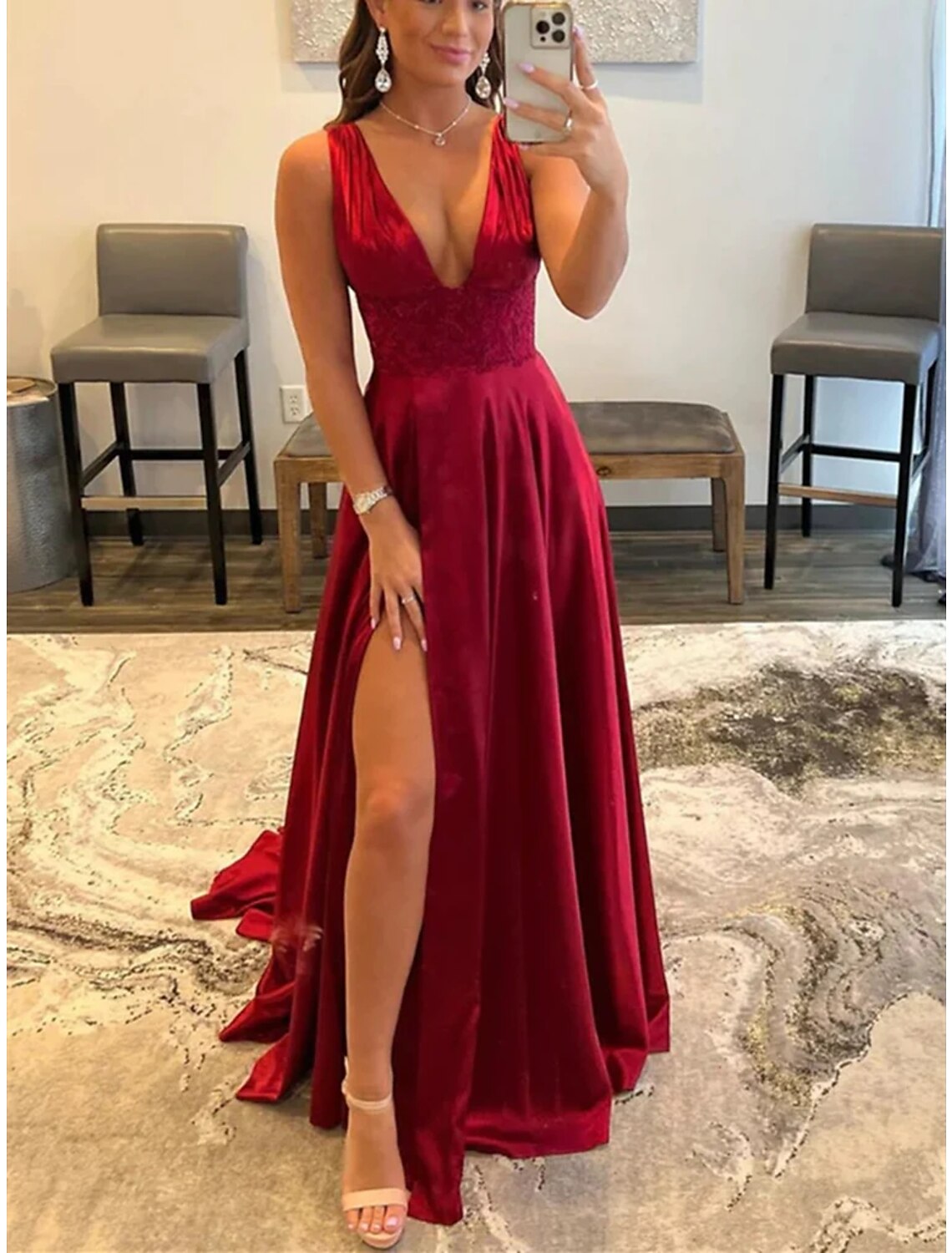 A-Line Prom Dresses Empire Dress Formal Court Train Sleeveless Scoop Neck Lace Backless with Slit