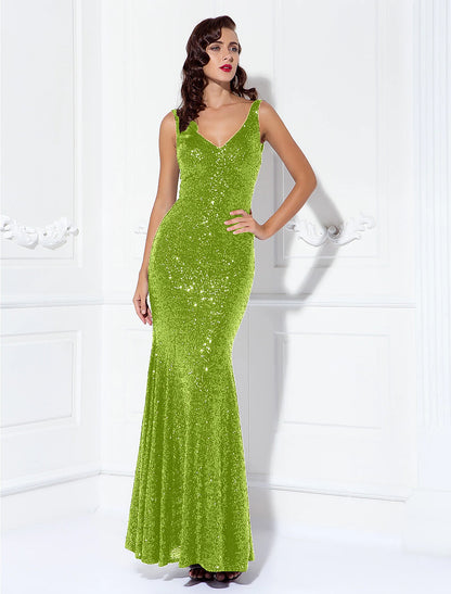 Sheath / Column Sparkle & Shine Dress Wedding Guest Prom Floor Length Sleeveless V Neck Sequined V Back with Sequin