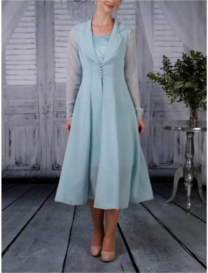 Two Piece A-Line Mother of the Bride Dress Wedding Guest Simple Elegant Shirt Collar Tea Length Chiffon Long Sleeve with Pleats Solid Color