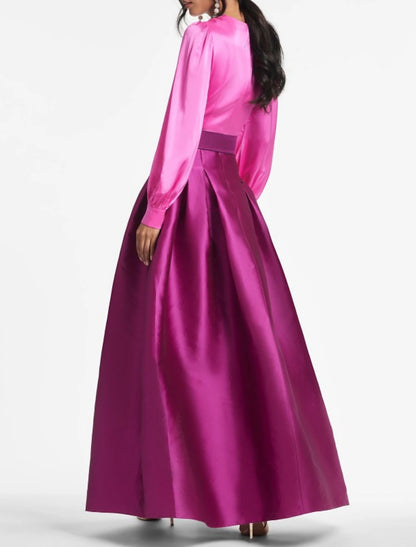 Elegant A-Line Evening Gown Party Dress Formal Wedding Guest Floor Length Long Sleeve V Neck Belt / Sash Satin with Pleats