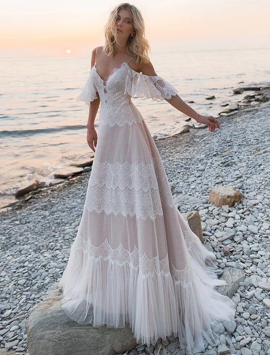 Beach Open Back Boho Wedding Dresses A-Line Off Shoulder Camisole Spaghetti Strap Sweep / Brush Train Lace Bridal Gowns With Lace Summer Wedding Party