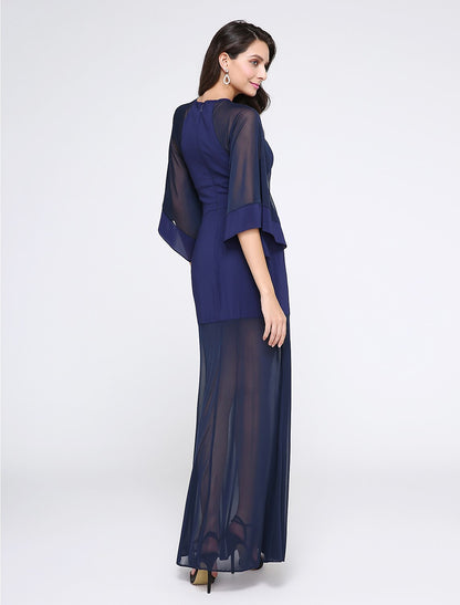 Sheath / Column See Through Dress Prom Formal Evening Floor Length Half Sleeve Jewel Neck Chiffon with Pleats