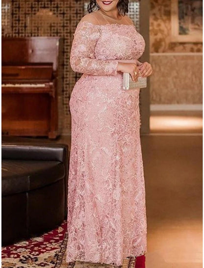 Mother of the Bride Dresses Plus Size Curve Hide Belly Wedding Guest Party Elegant Illusion Neck Floor Length Lace Long Sleeve with Solid Color