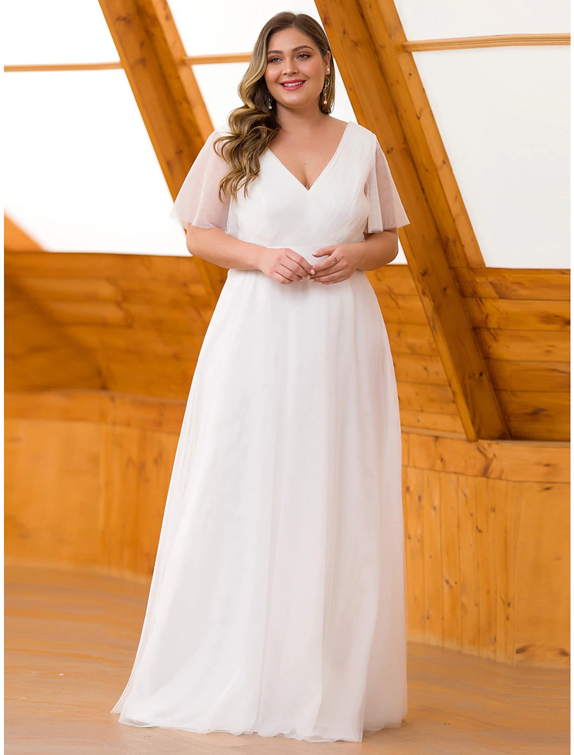 A-Line Empire Wedding Guest Prom Dress V Neck V Back Short Sleeve Floo